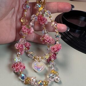 Charming Pink Rose Bracelet with Gold Beads